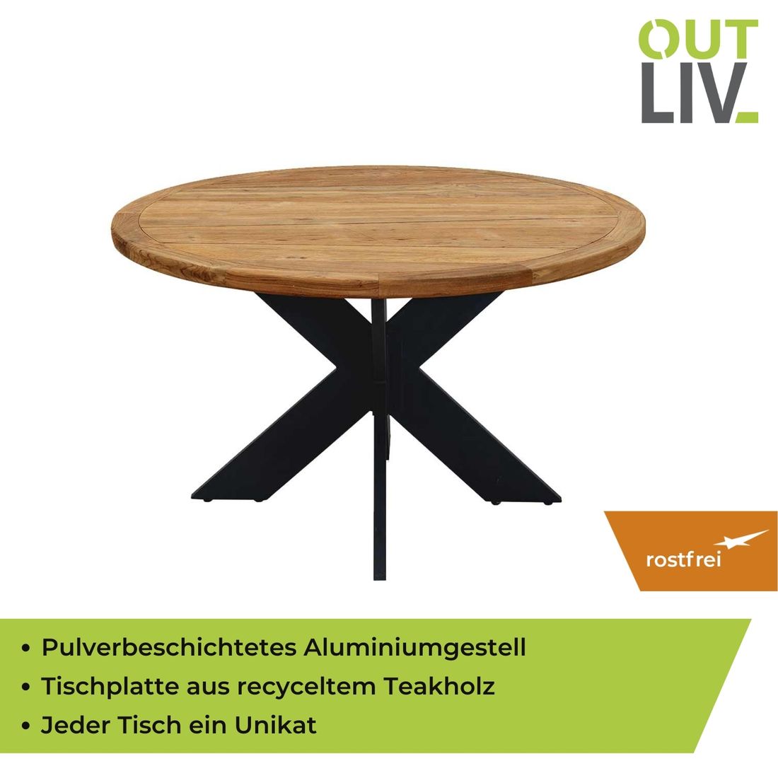 Nærbilde av aluminiumsramme på Hagebord Atlanta aluminium/resirkulert teak Ø130 cm