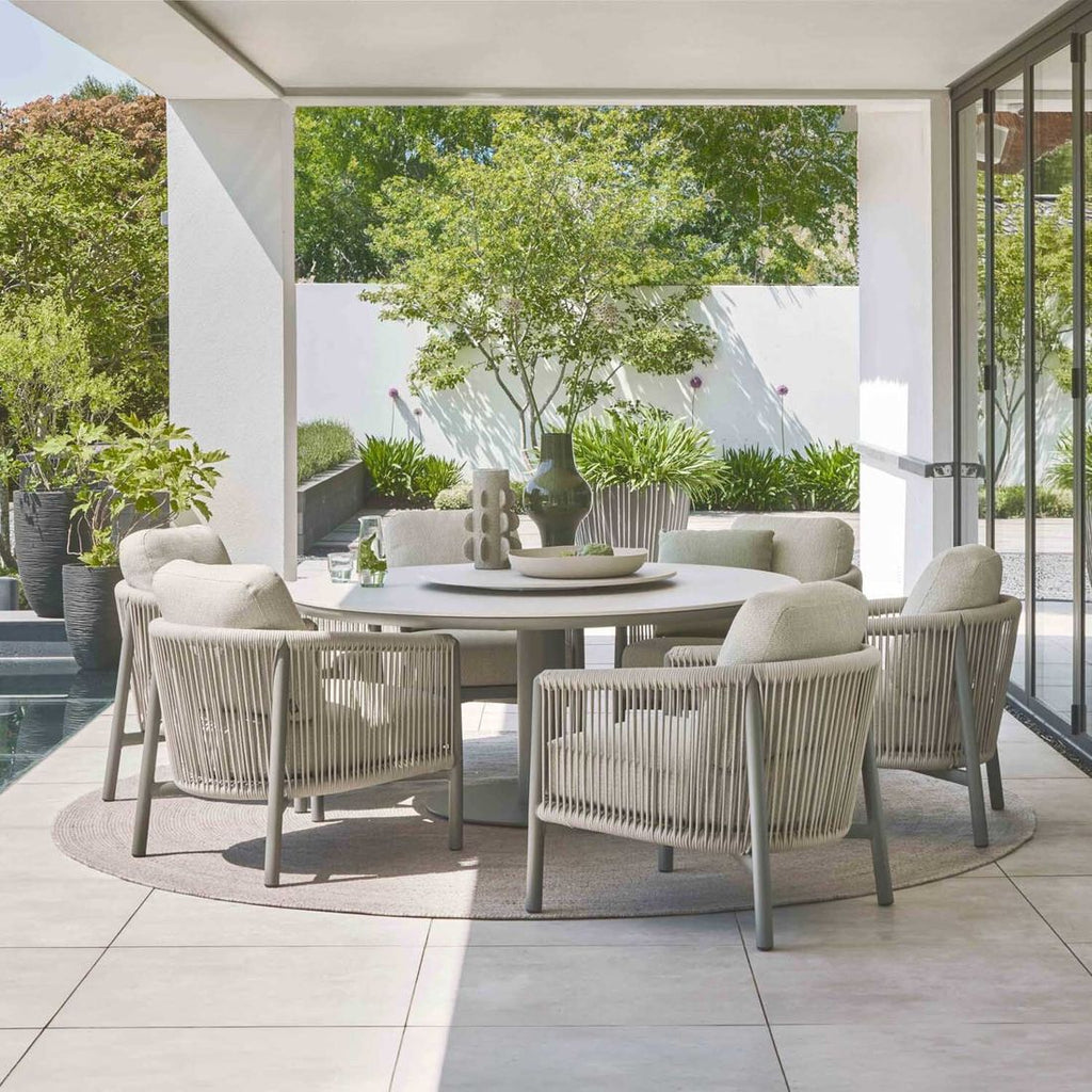 Hagebord Melville low dining Ø160 cm aluminium/keramikk visning fra siden