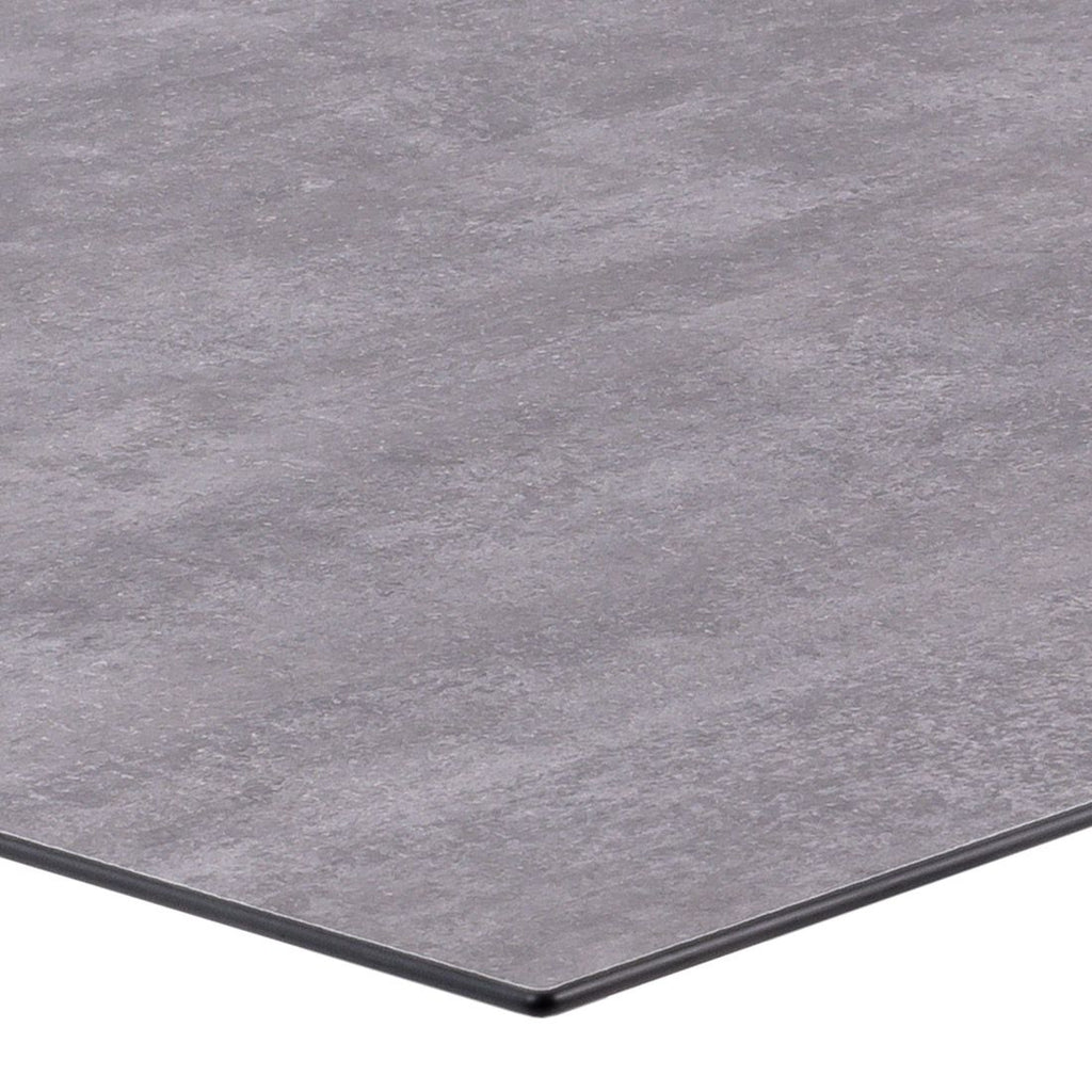 Detalj av bordplate på Hagebord Opus rustfritt stål HPL 160x90 cm betong
