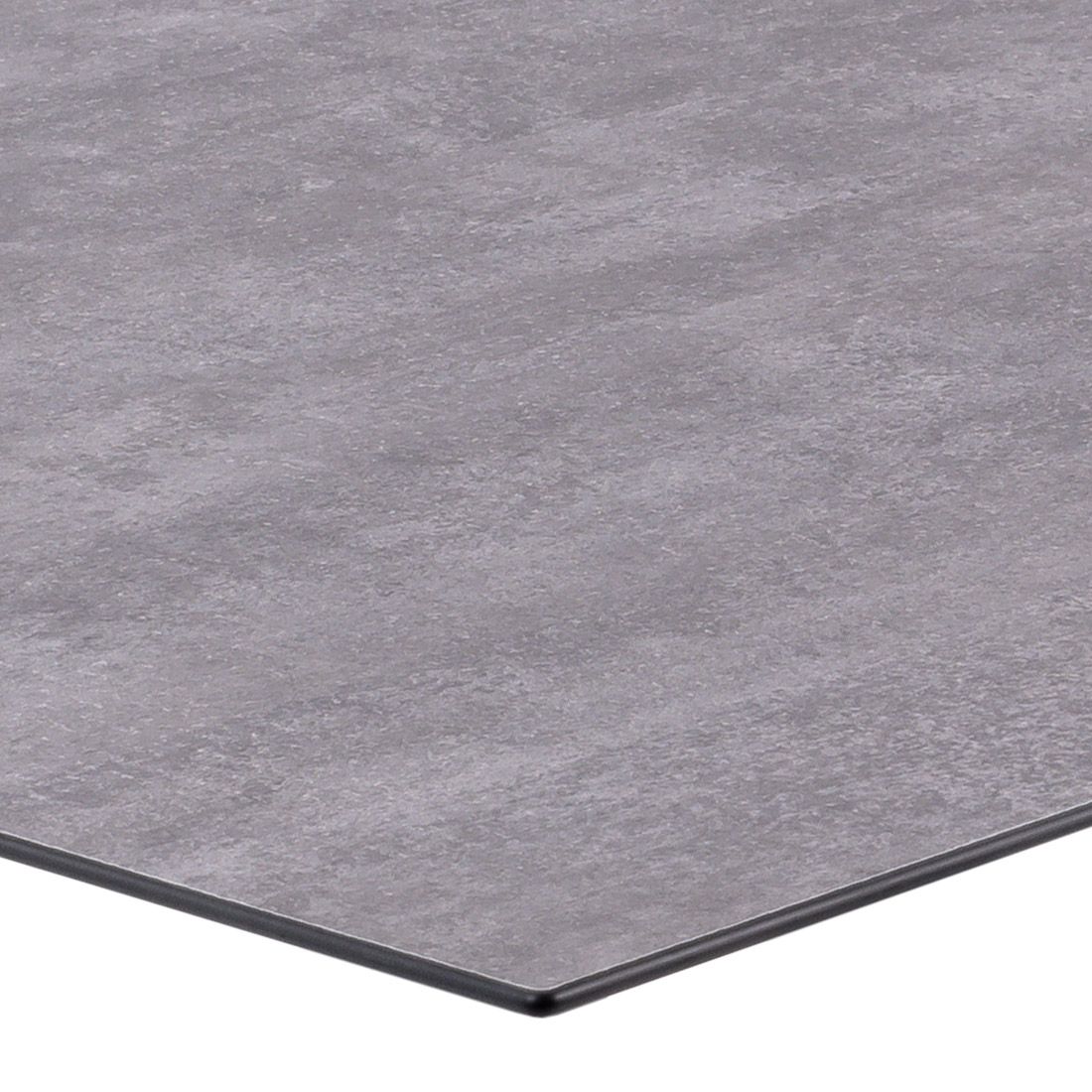 Detalj av bordplate på Hagebord Opus rustfritt stål HPL 160x90 cm betong