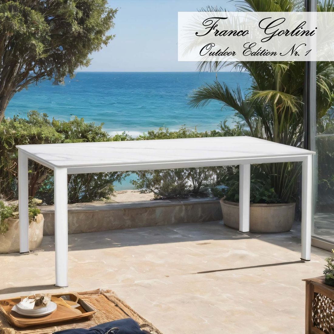 Hagebord Palermo aluminium/sinterstein 180x90 cm ivory forfra