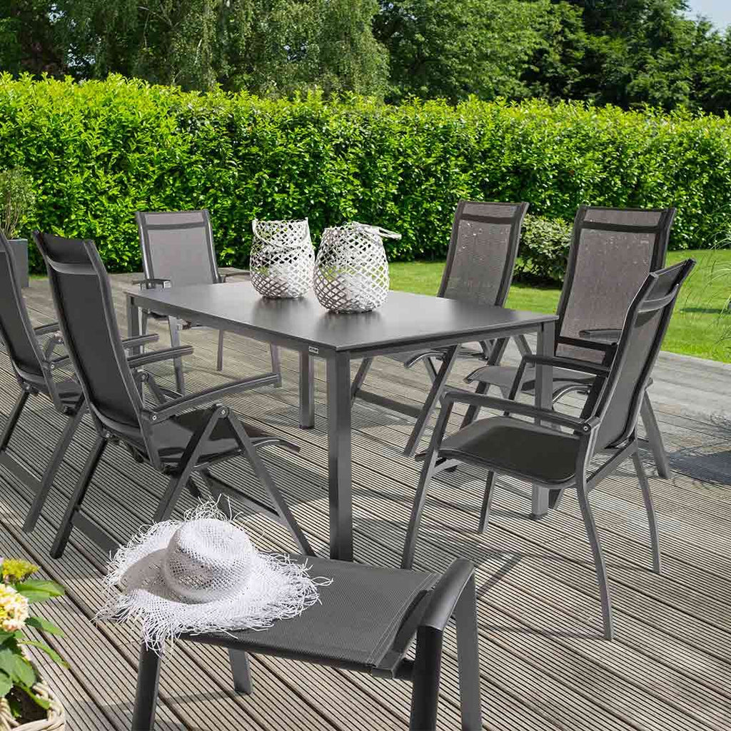 Hagekrakk Legato aluminium/textilen antrasitt 62x57 cm detalj av tekstilene sete