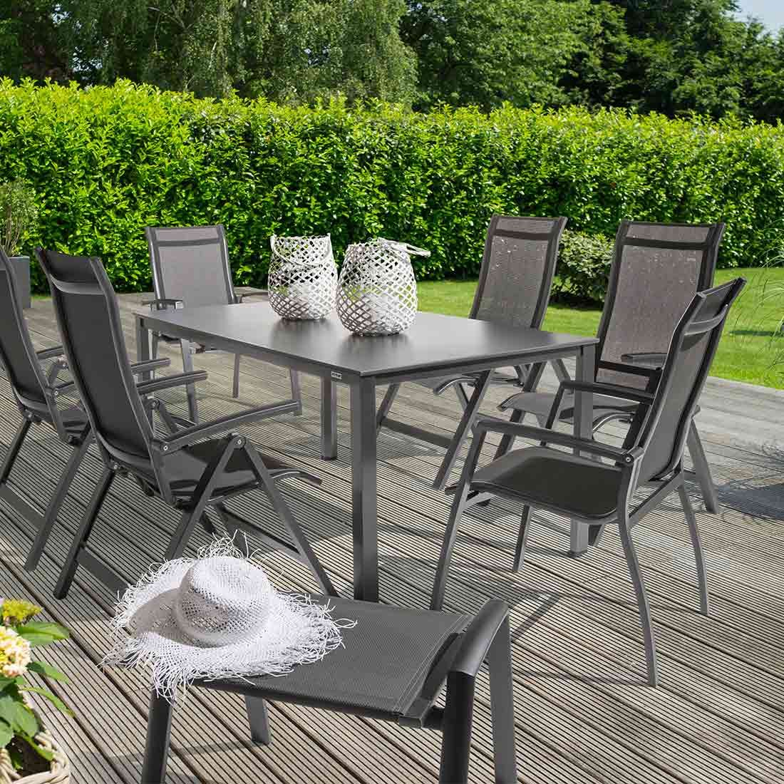 Hagekrakk Legato aluminium/textilen antrasitt 62x57 cm detalj av tekstilene sete
