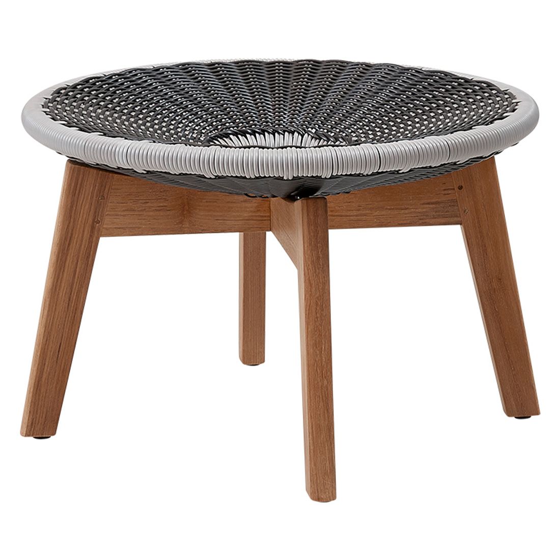 Detalj av flettverk på Hagekrakk Peacock resirkulert teak/flettverk Ø60 cm