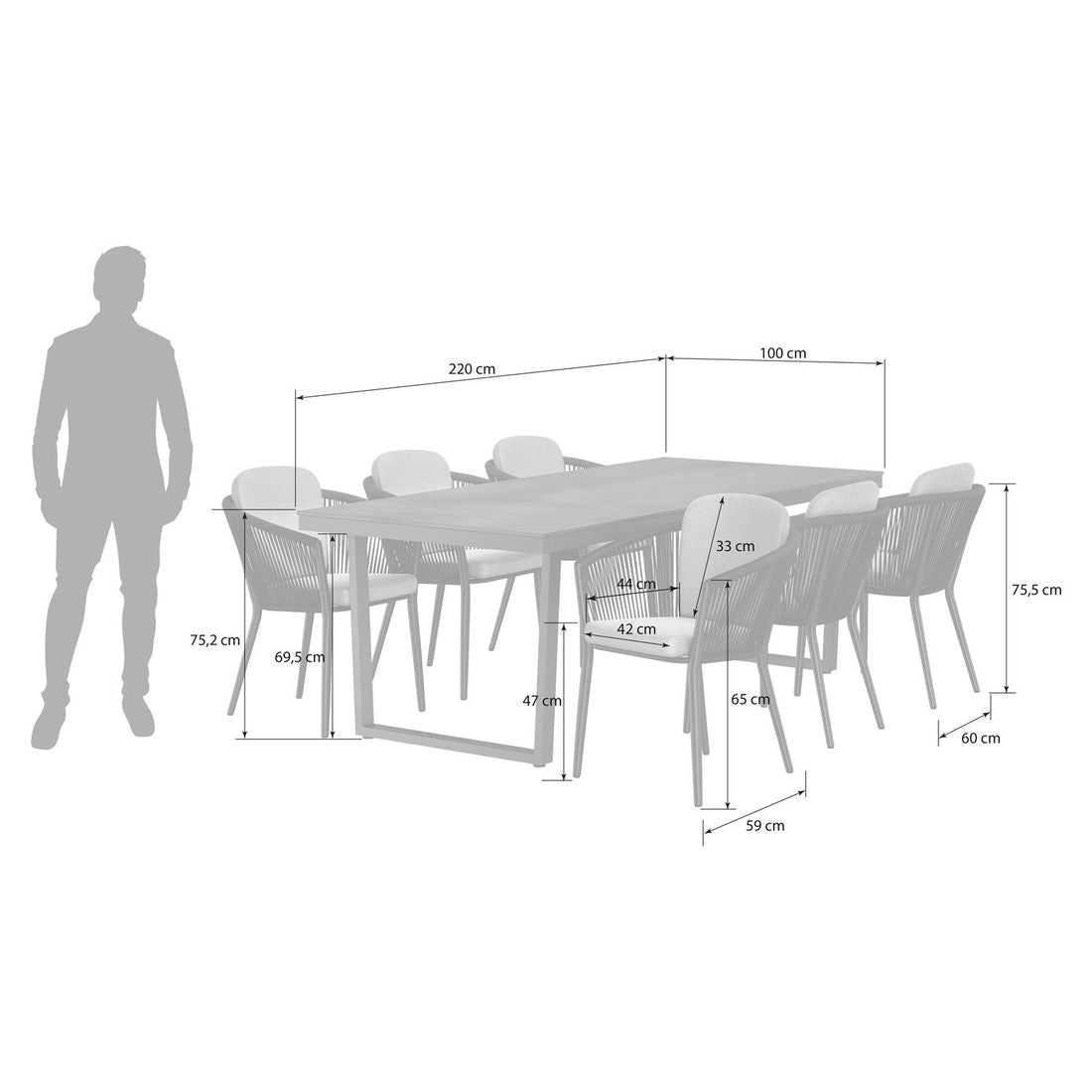 Hagemøbelsett Monet 6 plasser aluminium HPL bordplate detalj