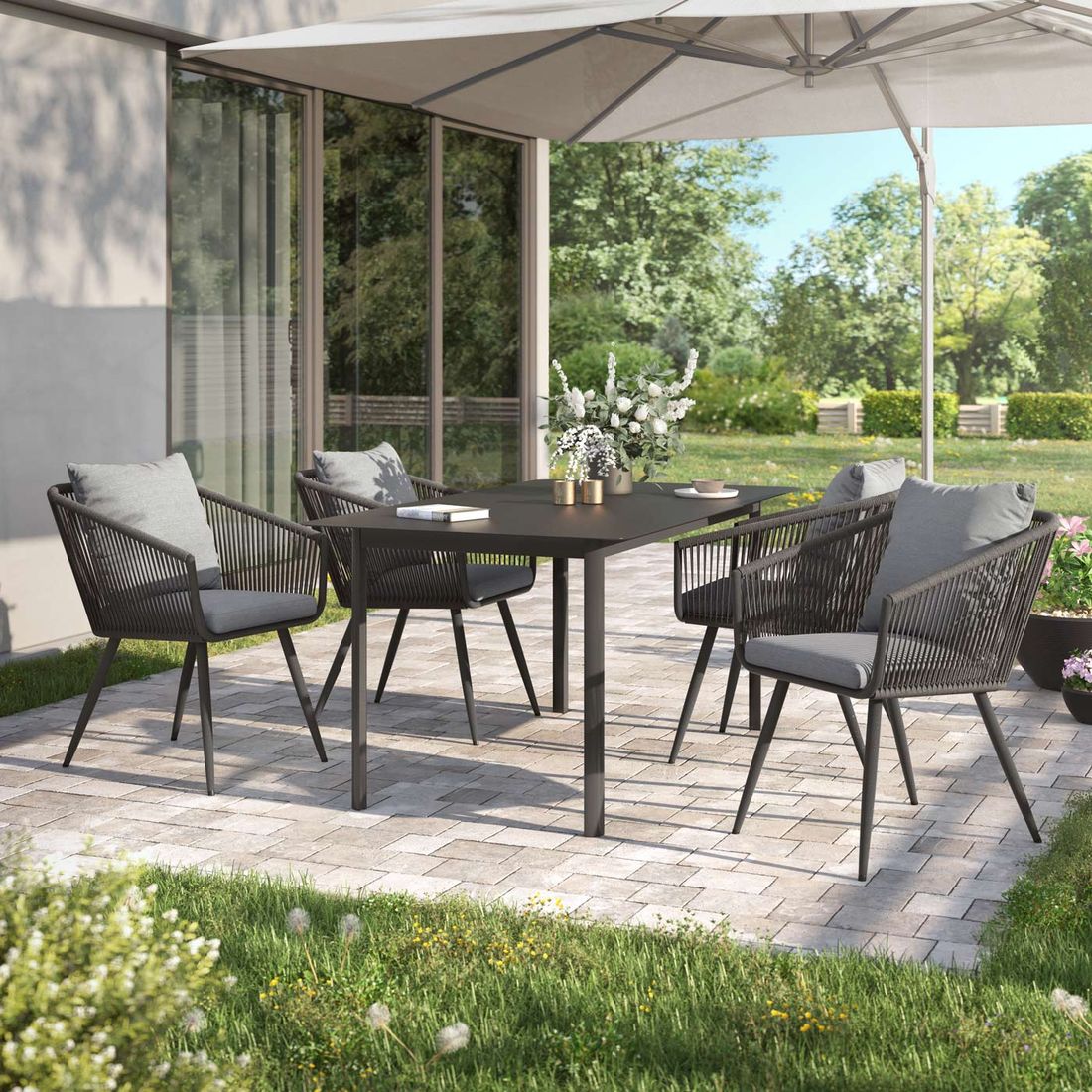 Hagemøbelsett Alex 4 plasser aluminium og tau front