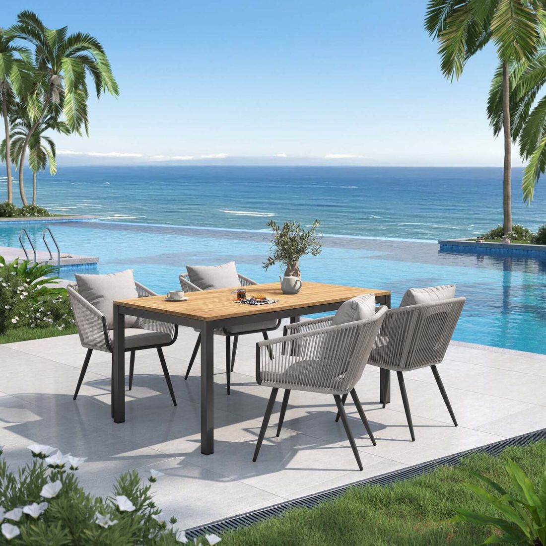 Hagemøbelsett Alex 4 plasser aluminium teak 160x90 cm - OUTLIV forfra