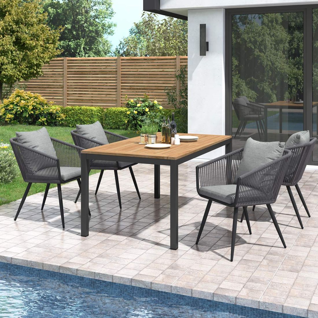 Hagemøbelsett Alex 4 plasser aluminium teak forfra