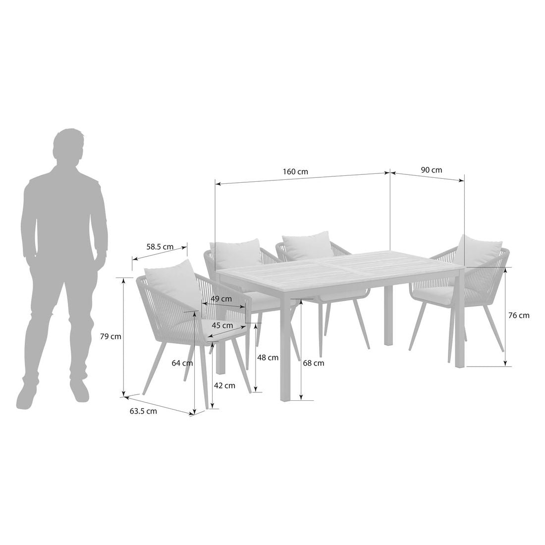 Hagemøbelsett Alex 4 plasser aluminium teak detalj av bordplate