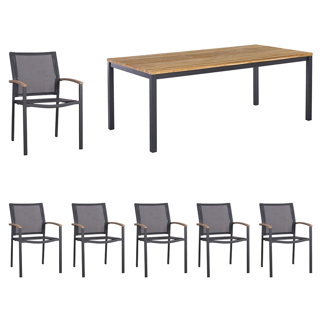 Hagemøbelsett Alex 6 plasser aluminium teak sett forfra