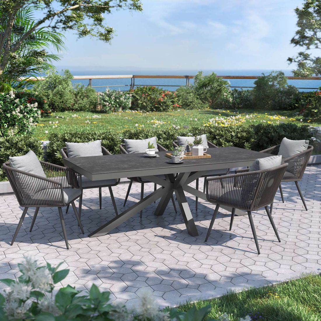 Hagemøbelsett Alex 6 plasser aluminium/keramikk 220x100 cm - OUTLIV forfra