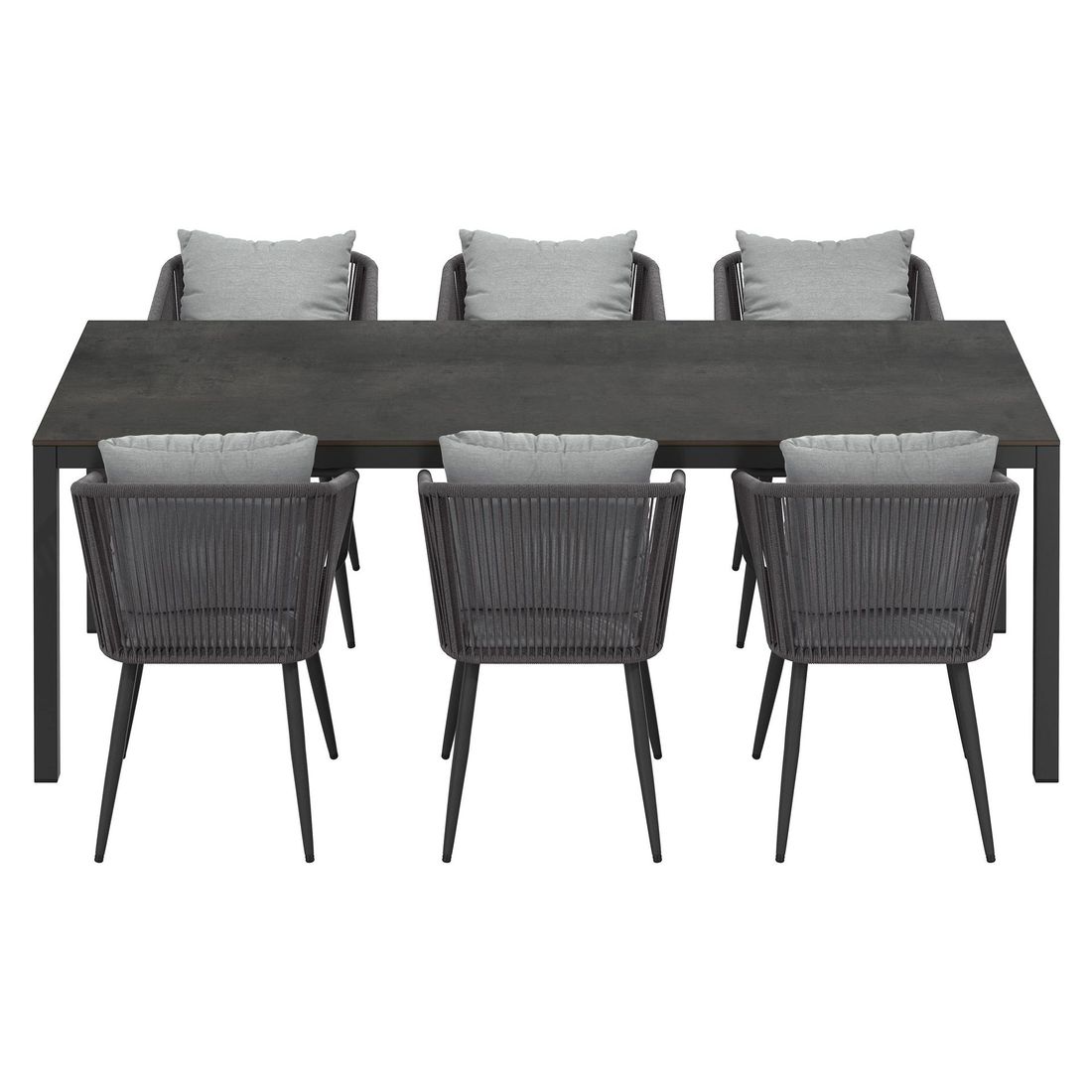 Hagemøbelsett Alex 6 plasser aluminium HPL montert på terrasse