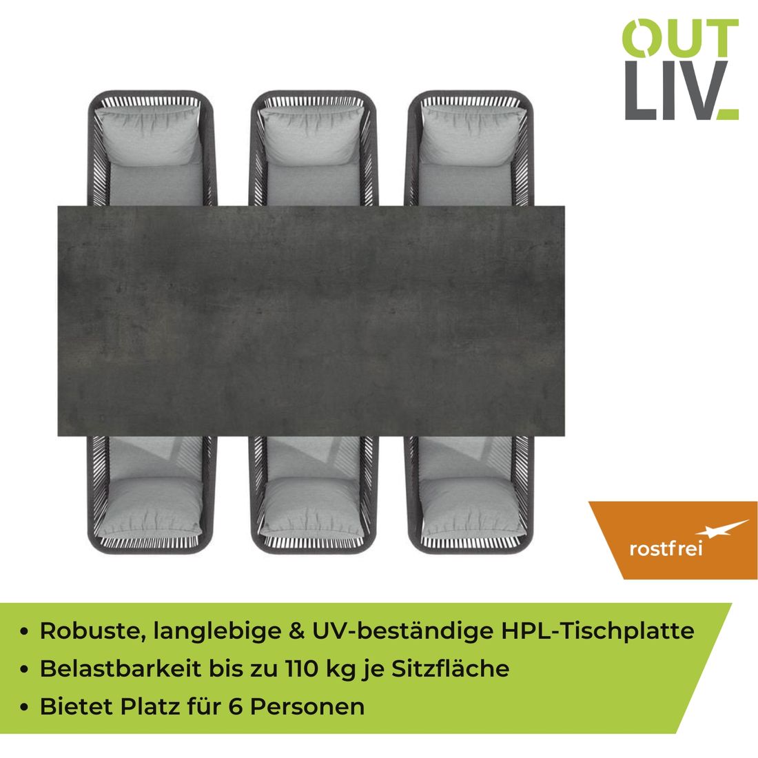 Hagemøbelsett Alex 6 plasser, aluminium/HPL 220x100 cm - OUTLIV.