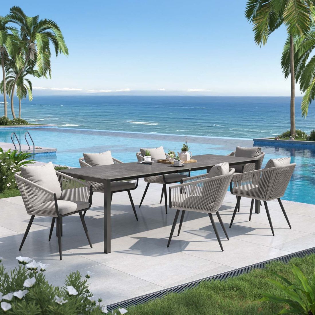 Hagemøbelsett Alex 6 plasser aluminium keramikk 160-267 cm bakside