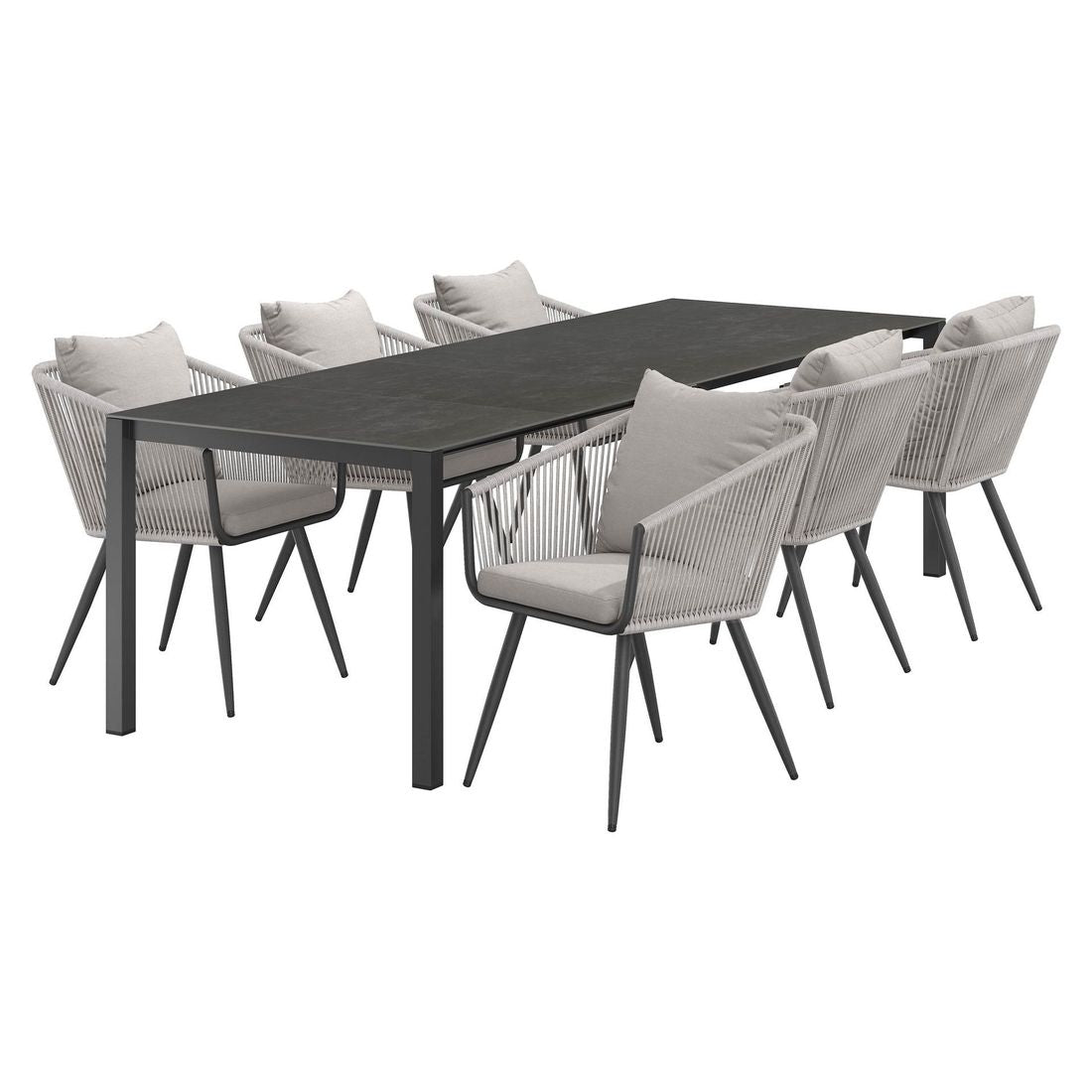 Hagemøbelsett Alex 6 plasser aluminium keramikk 160-267 cm detalj rope