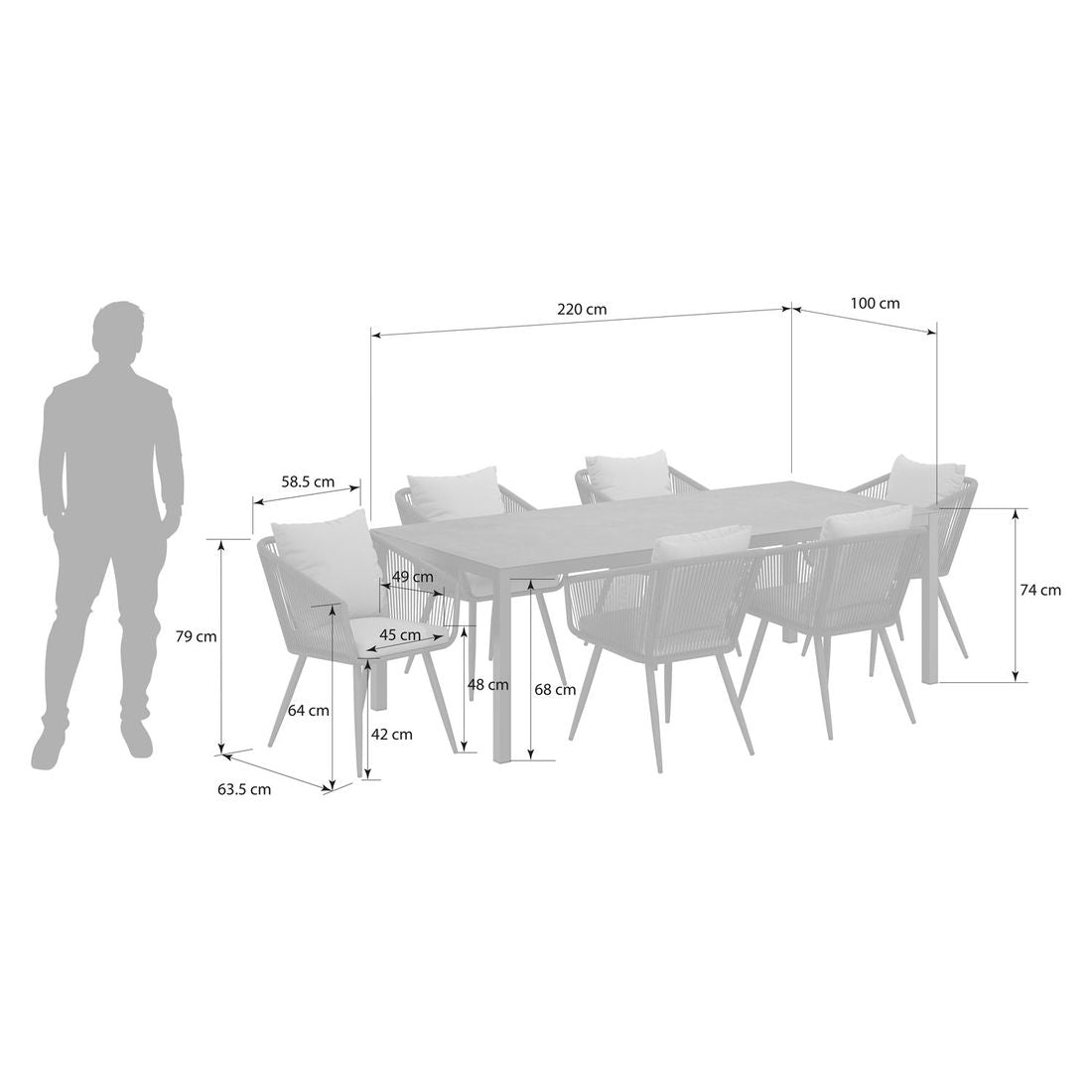 Hagemøbelsett Alex 6 plasser aluminium keramikk detalj rope materiale