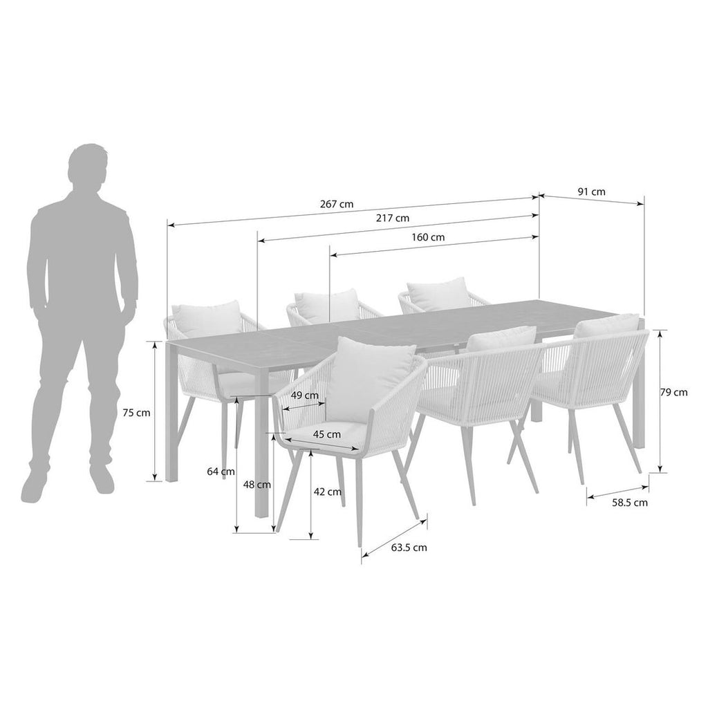 Hagemøbelsett Alex 6 plasser aluminium keramikk 160-267 cm montert på terrasse
