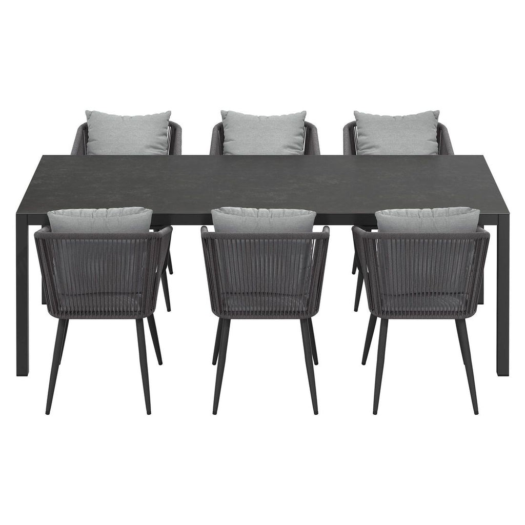 Hagemøbelsett Alex 6 plasser aluminium keramikk montert på terrasse