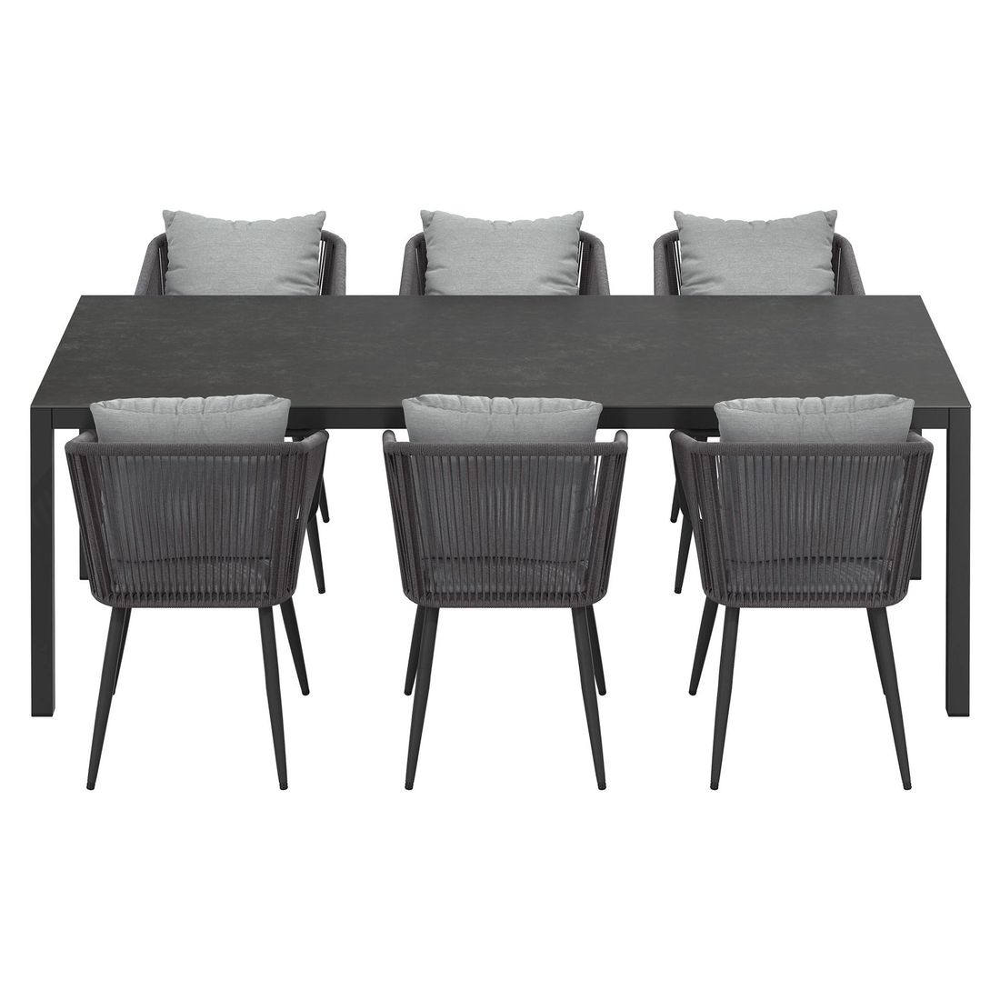 Hagemøbelsett Alex 6 plasser aluminium keramikk montert på terrasse