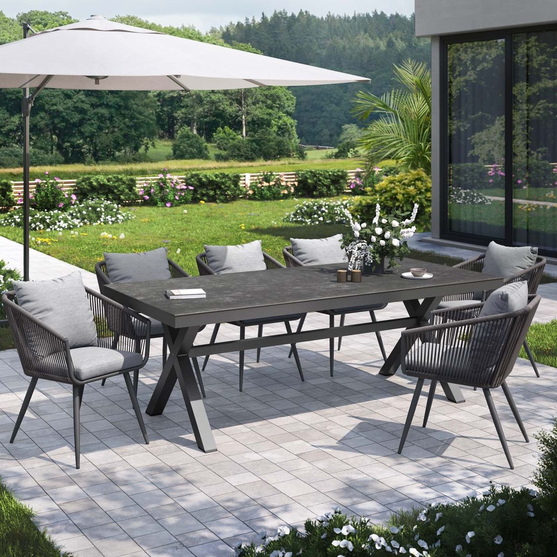 Hagemøbelsett Alex 6 plasser aluminium tau forfra