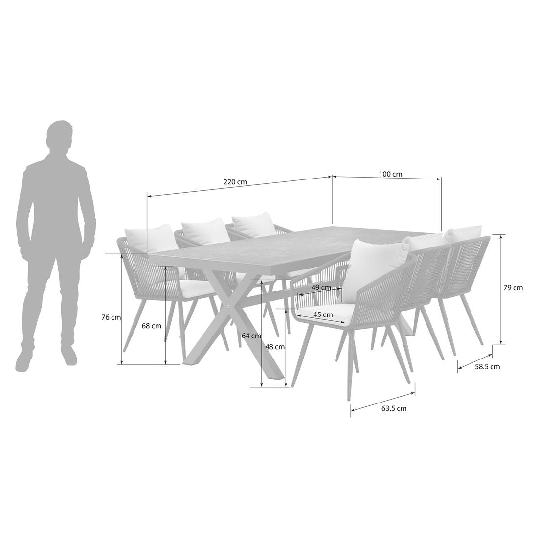 Detalj av Hagemøbelsett Alex 6 plasser aluminium tau tauvev