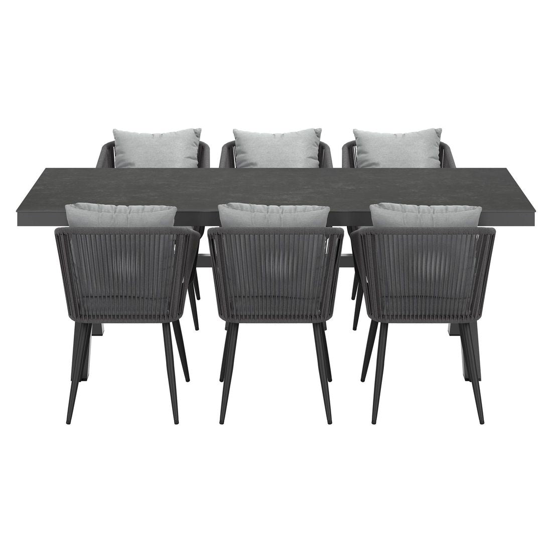 Montert Hagemøbelsett Alex 6 plasser aluminium tau på terrasse
