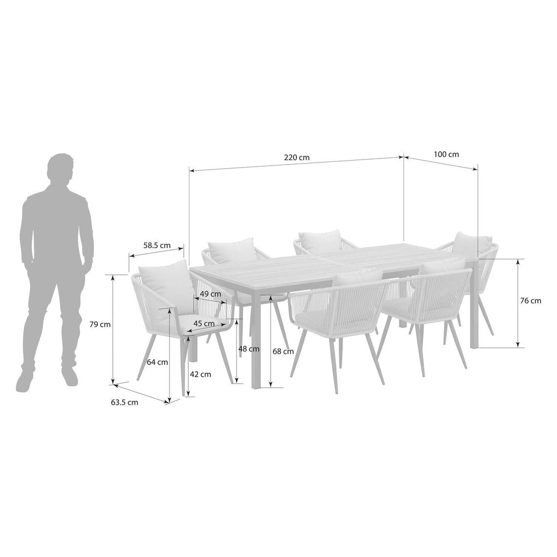 Hagemøbelsett Alex 6 plasser aluminium teak detalj av bordplate i teak