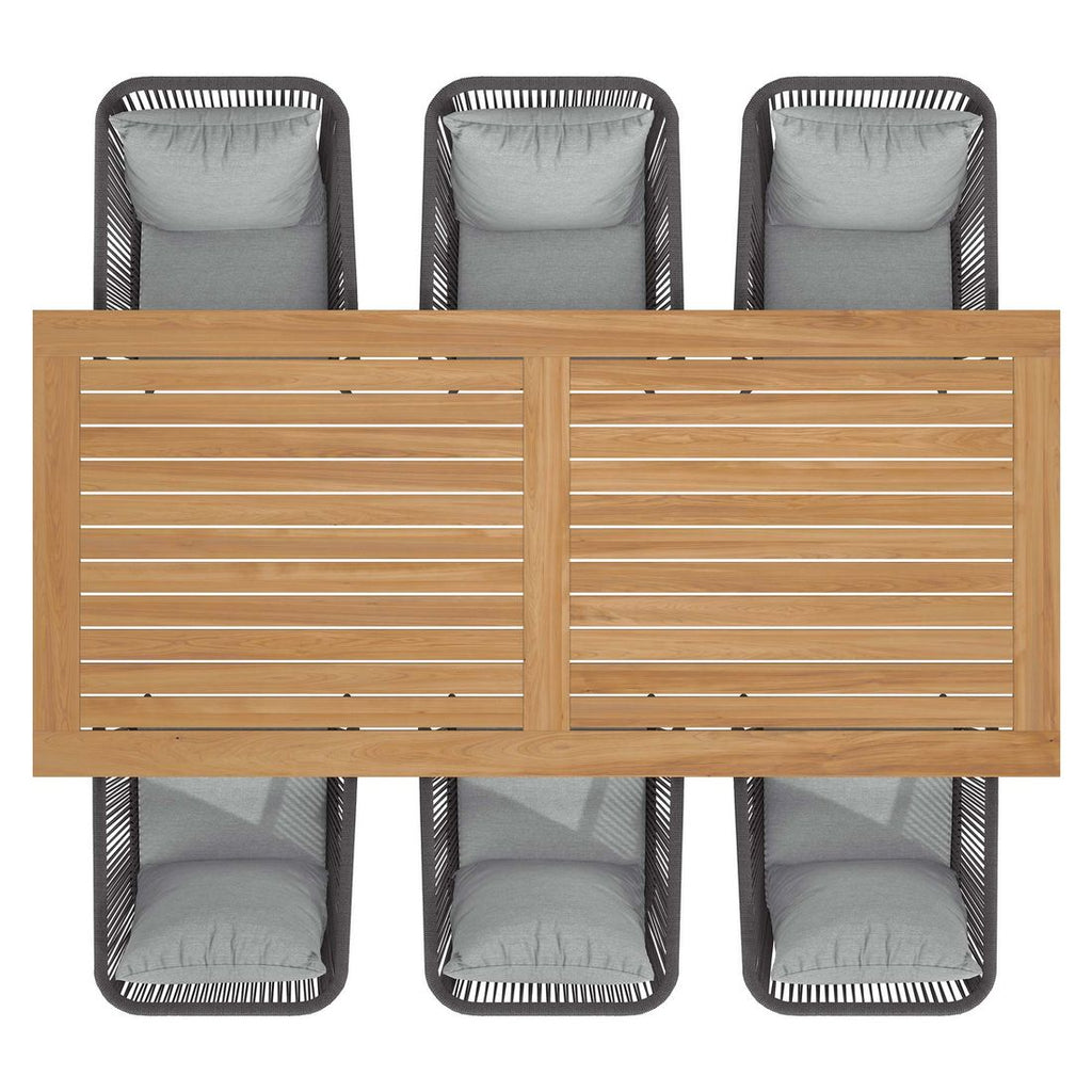 Nærbilde av bordplate i teak på hagemøbelsett Alex 6 plasser aluminium/teak