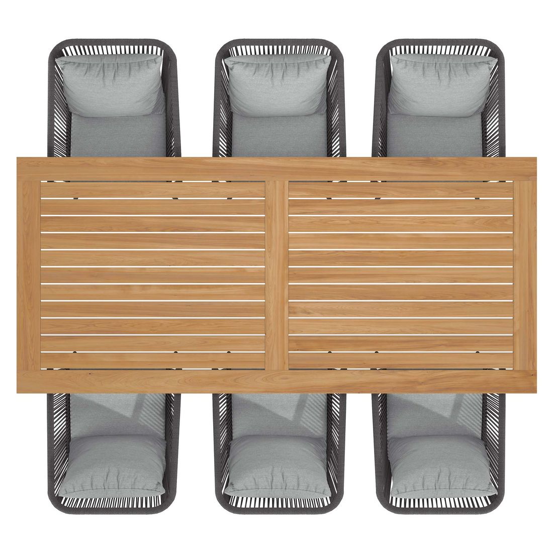 Nærbilde av bordplate i teak på hagemøbelsett Alex 6 plasser aluminium/teak