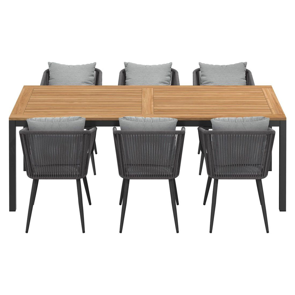 Montert hagemøbelsett Alex 6 plasser aluminium/teak på terrasse