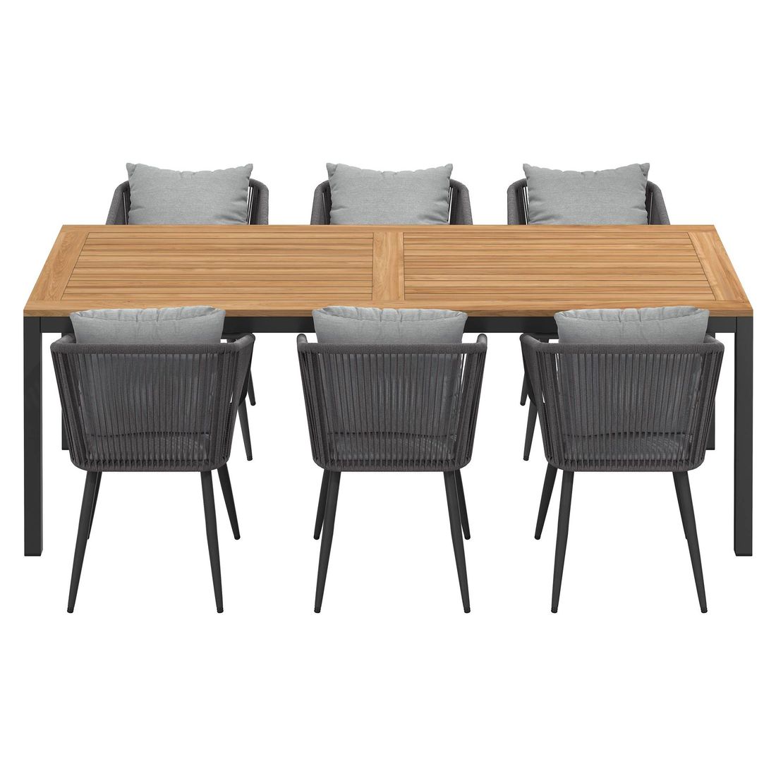 Montert hagemøbelsett Alex 6 plasser aluminium/teak på terrasse