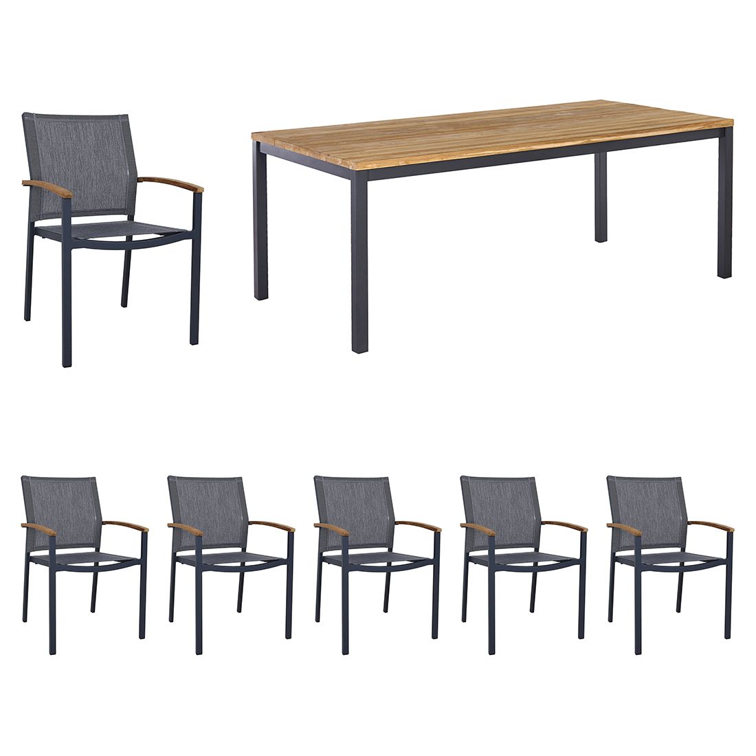 Hagemøbelsett Alex 6 plasser aluminium teak forfra
