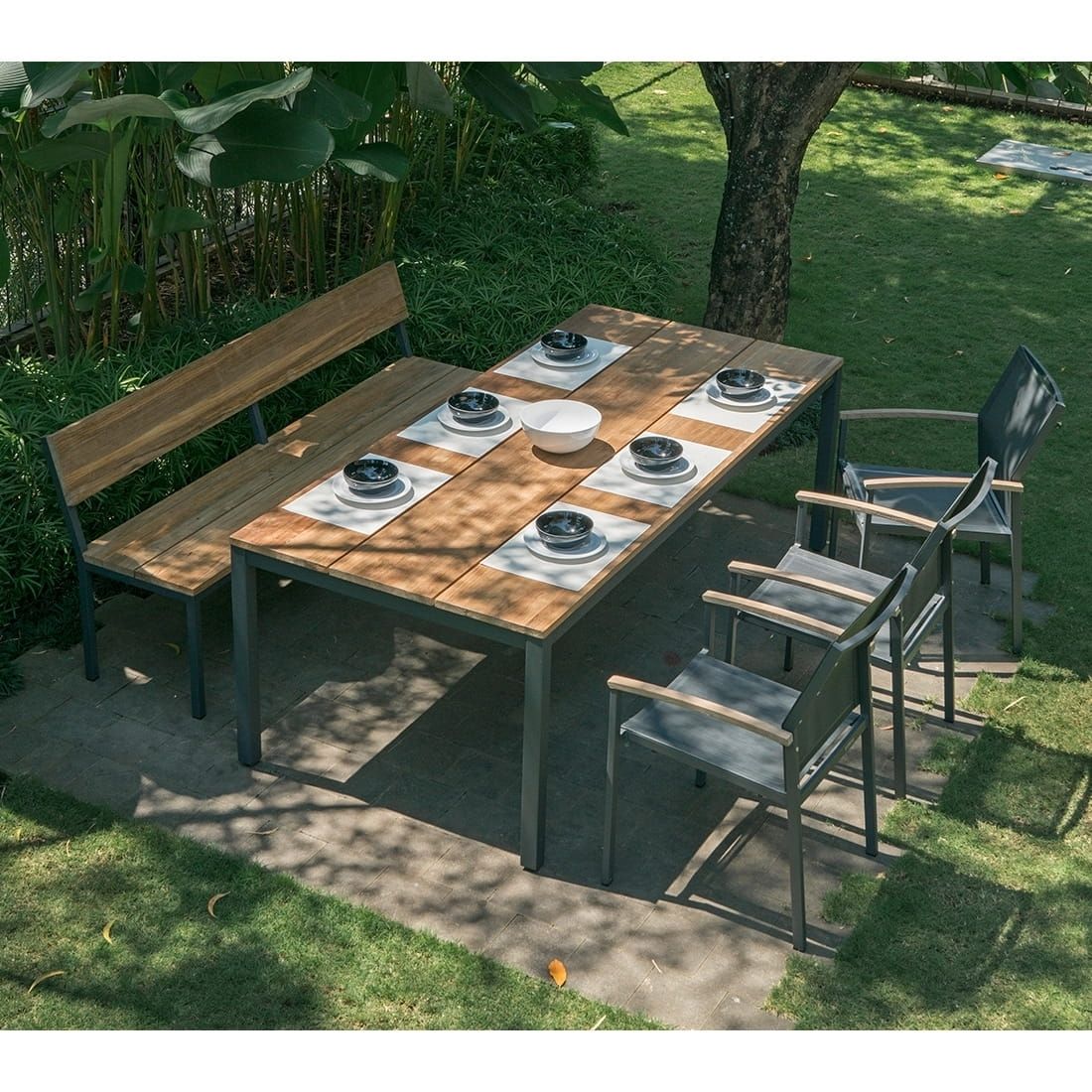Hagemøbelsett Alex 7 plasser aluminium teak forfra
