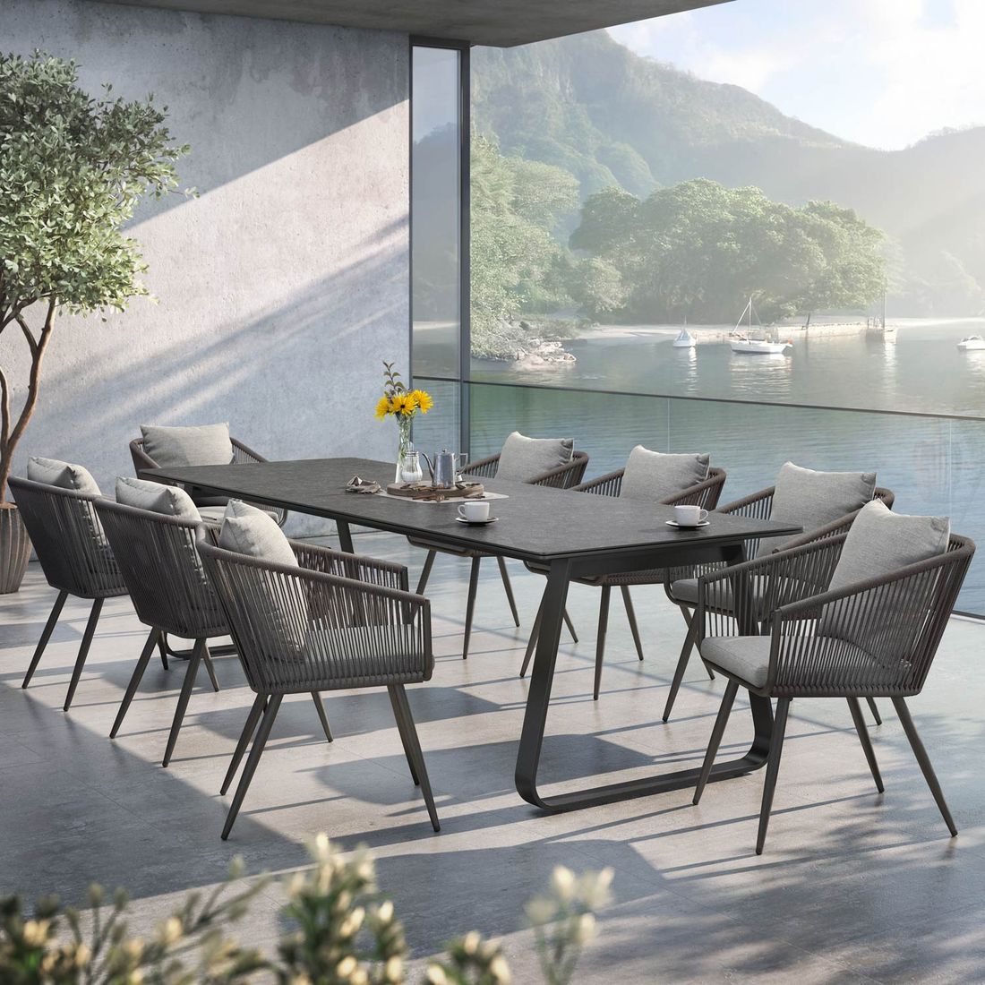 Hagemøbelsett Alex 8 plasser aluminium tau forfra