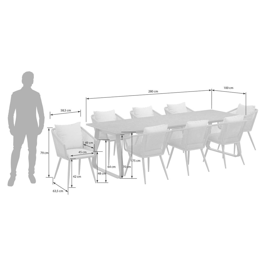 Hagemøbelsett Alex 8 plasser aluminium tau detalj av tauverk