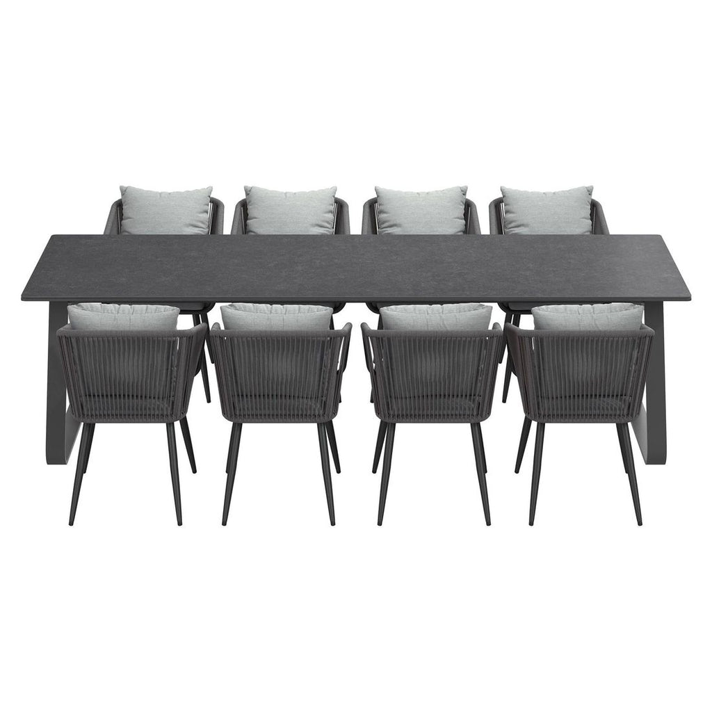 Hagemøbelsett Alex 8 plasser aluminium tau montert på terrasse