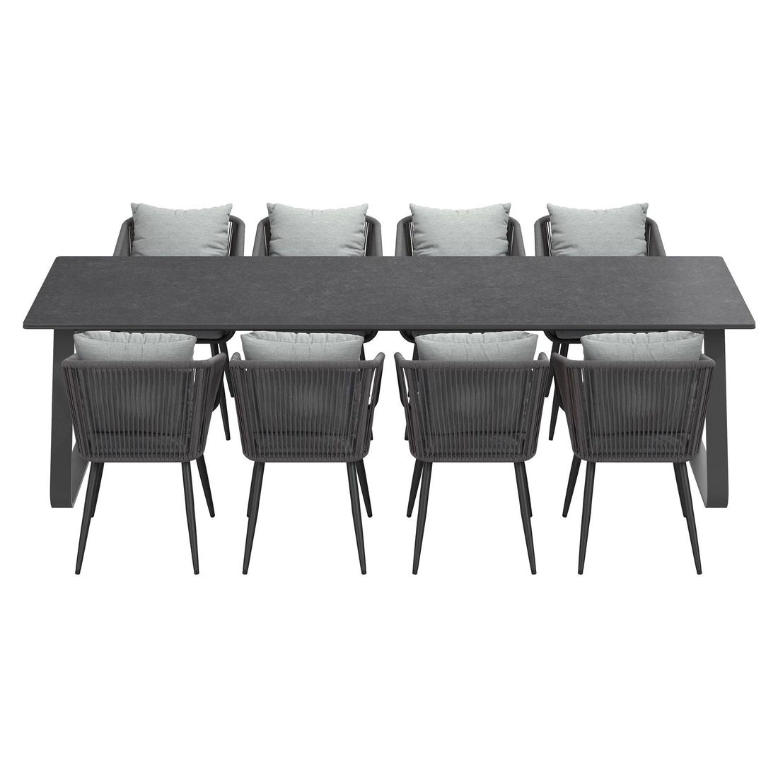 Hagemøbelsett Alex 8 plasser aluminium tau montert på terrasse
