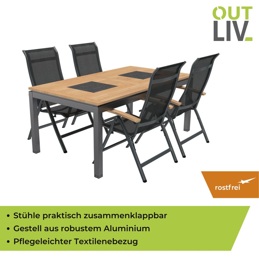 Detalj av teak bordplate på Hagemøbelsett Alpha 4 plasser teak/textilen
