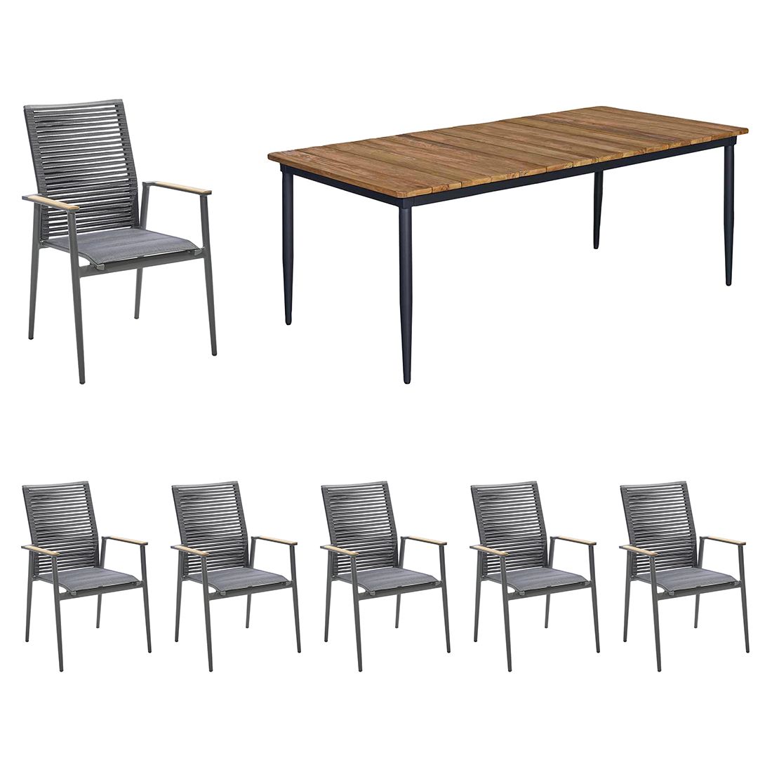Hagemøbelsett Amsterdam 6 plasser aluminium/teak 220x100 cm - Musterring forfra