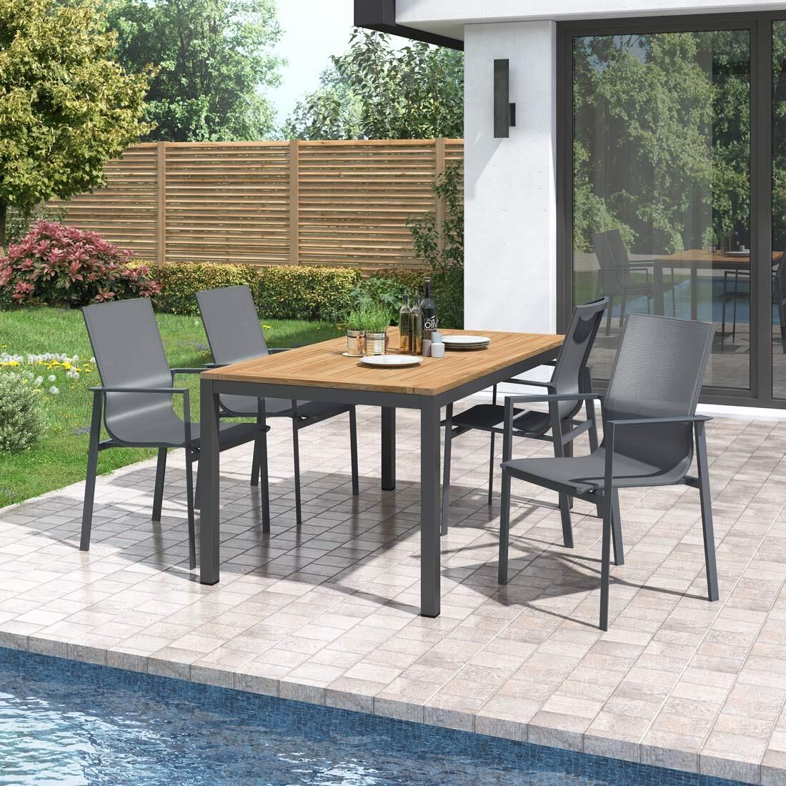 Hagemøbelsett Atlanta 4 plasser aluminium og teak forfra