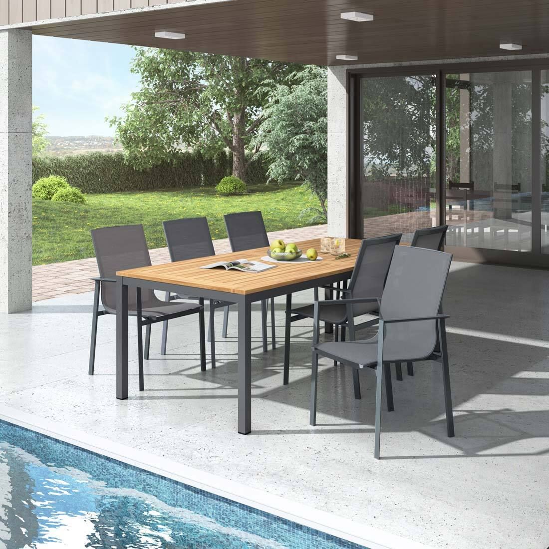 Hagemøbelsett Atlanta 6 plasser aluminium/teak forfra