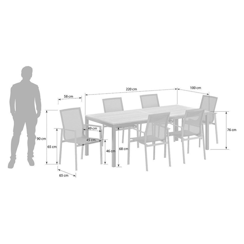 Hagemøbelsett Atlanta 6 plasser aluminium/teak detalj av bordplate i teak