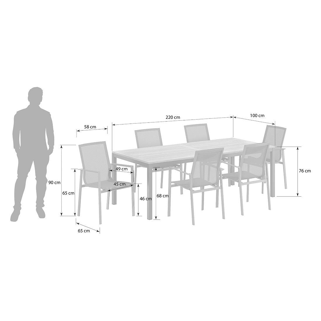 Hagemøbelsett Atlanta 6 plasser aluminium/teak detalj av bordplate i teak
