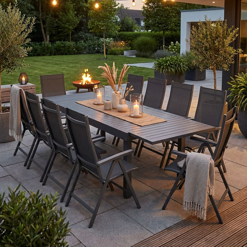 Hagemøbelsett Basic Plus 10 plasser uttrekkbart 200/320x100 cm forfra
