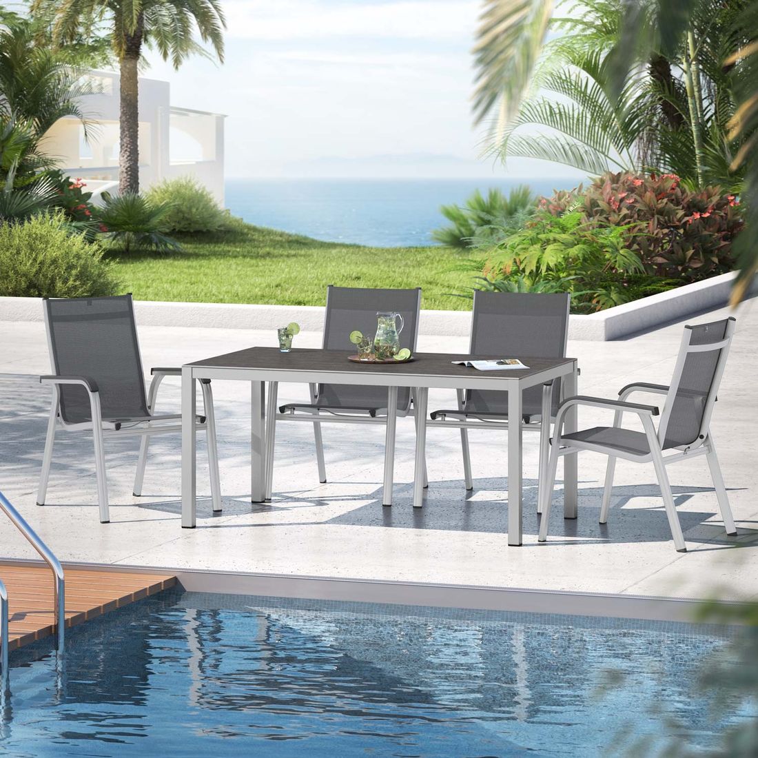 Hagemøbelsett Basic Plus 4 plasser aluminium keramikk bakside