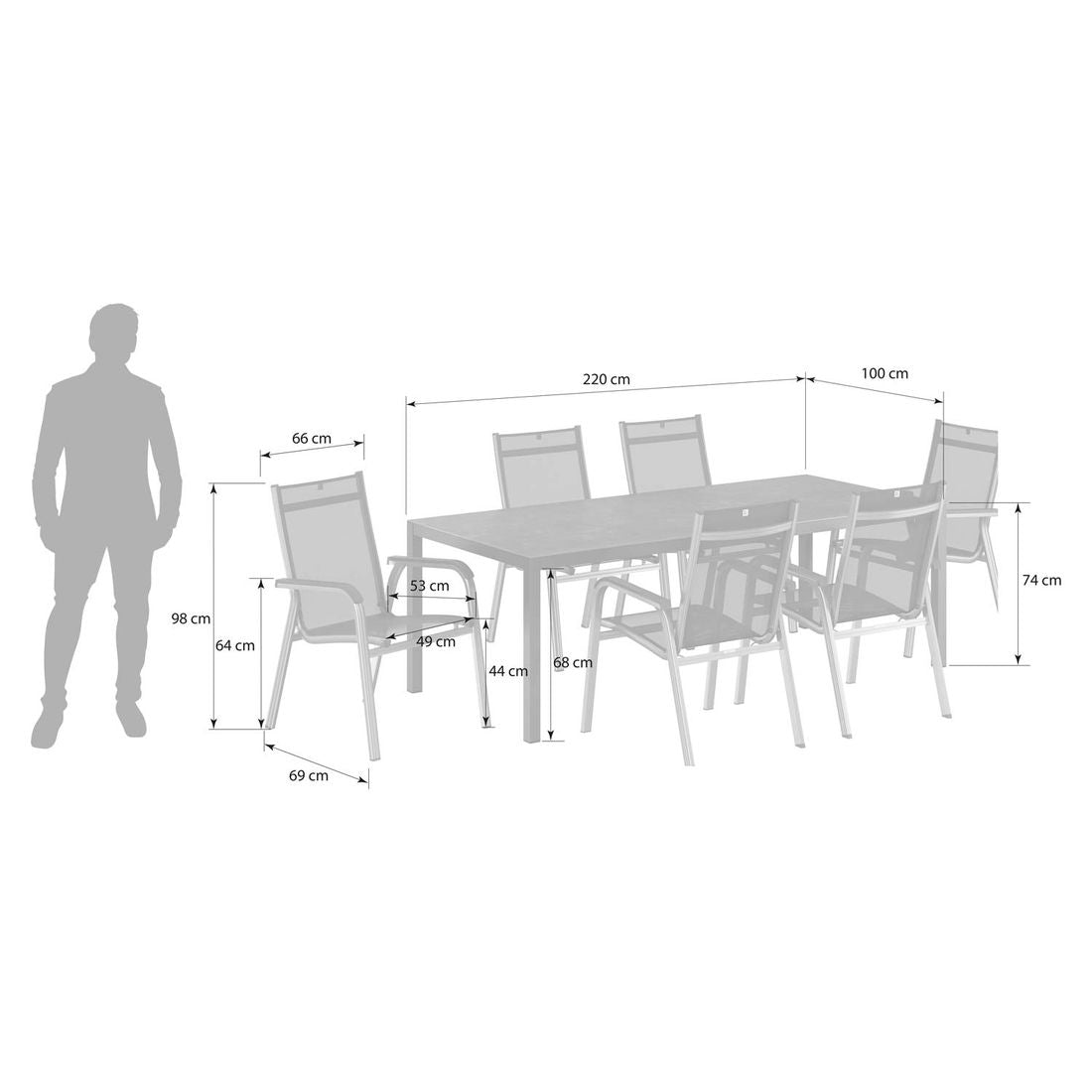 Hagemøbelsett Basic Plus 6 plasser stabelbare stoler sideprofil