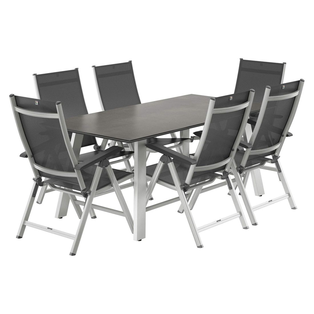 Montert Hagemøbelsett Basic Plus 6 plasser, aluminium på terrasse