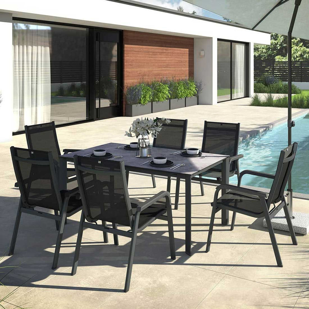 Hagemøbelsett Basic Plus 6 plasser aluminium HPL 160x95 cm bakside