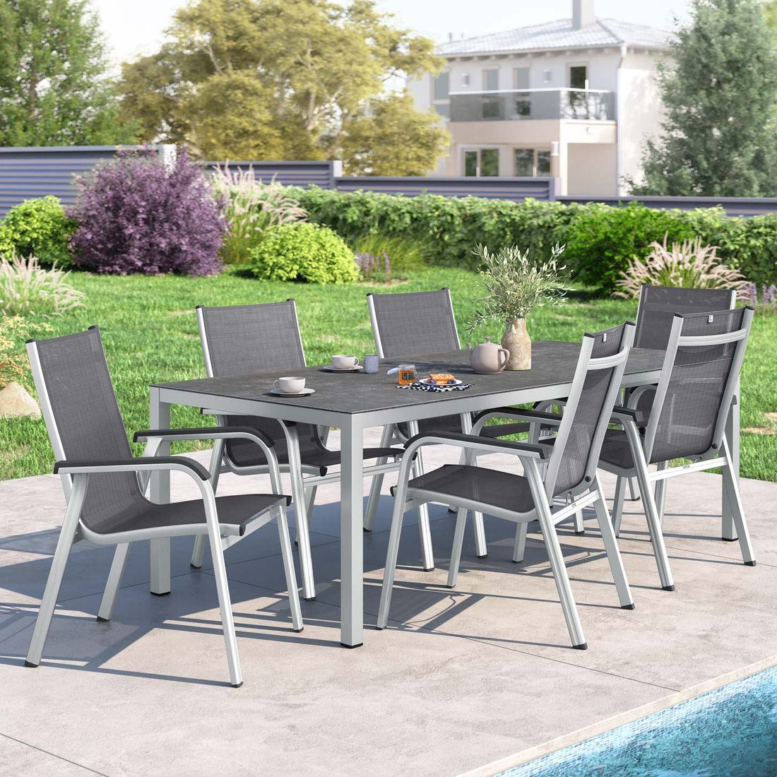 Hagemøbelsett Basic Plus 6 plasser aluminium 220x100 cm bakside