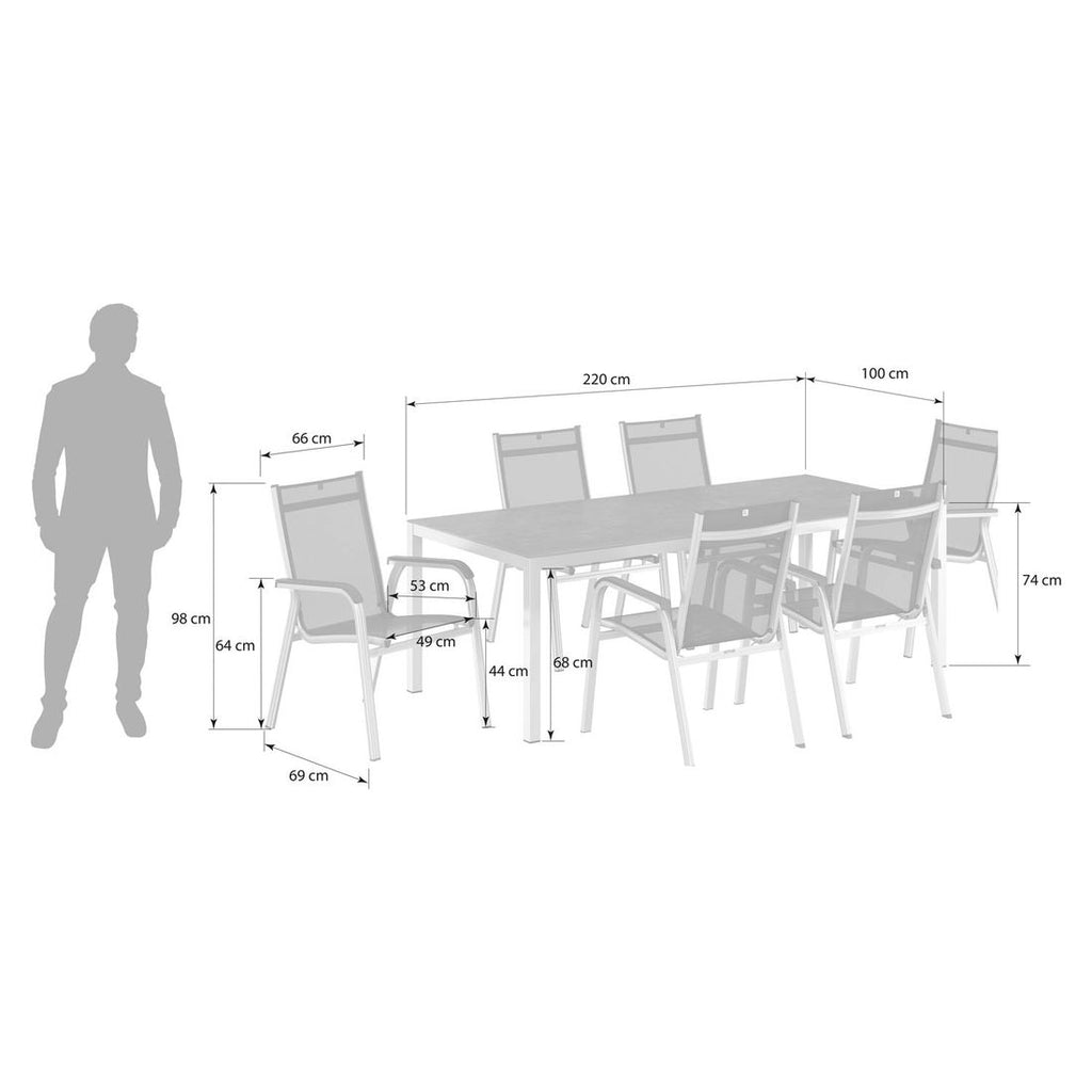 Hagemøbelsett Basic Plus 6 plasser aluminium 220x100 cm montert på terrasse